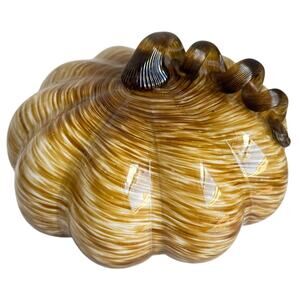 Handblown Glass Pumpkin Fall Harvest Decor Amber Brown Swirl 9”x5.5”